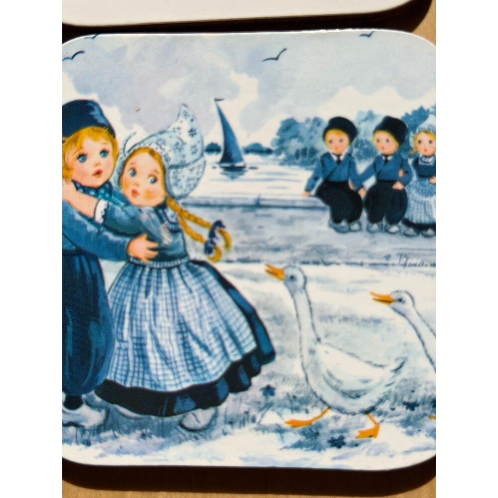 Set A Four Vintage Dutch Folk Art Coasters With Children Scenes